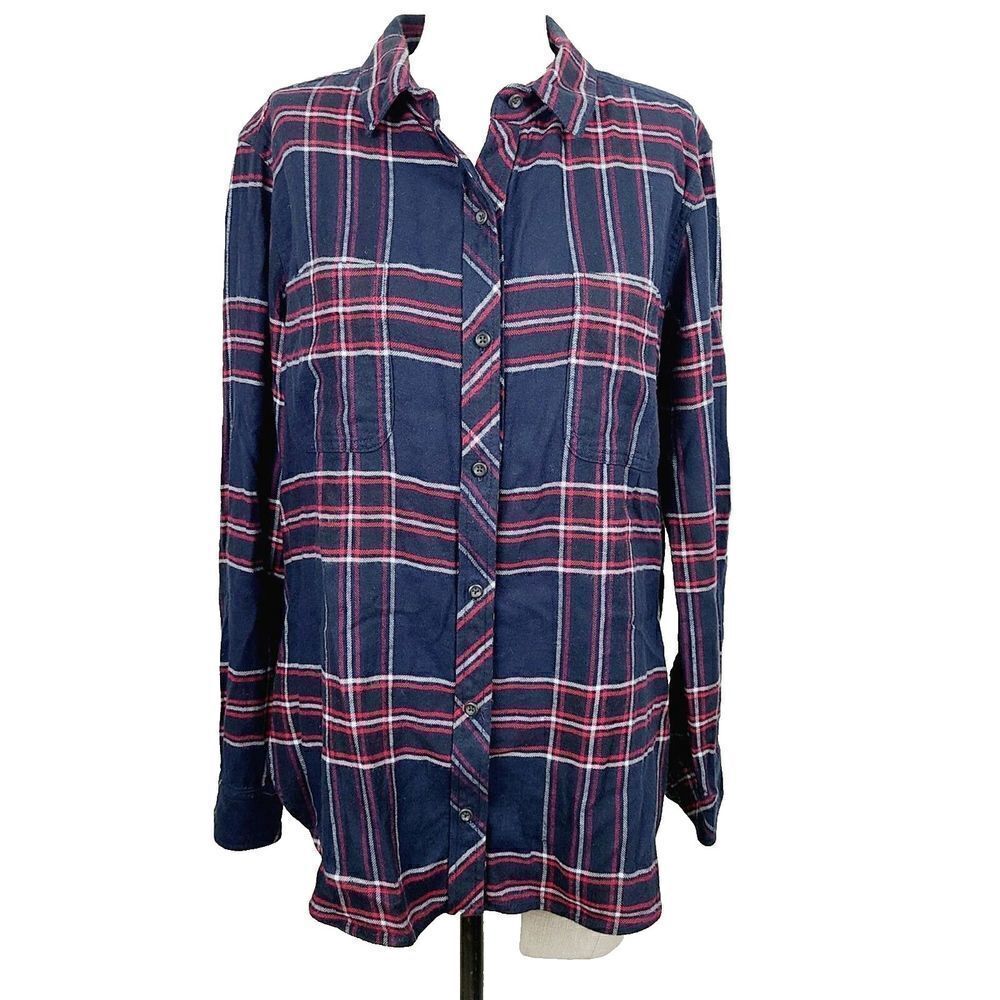 Athleta Flannel Shirt S Blue Red Plaid‎ Button Front Chest Pockets Casual Top
